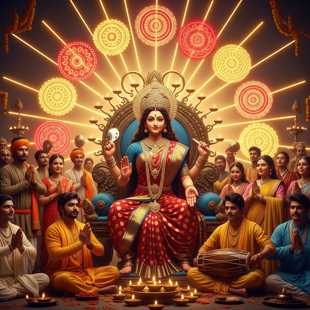 Devotees Worshiping Goddess on Illuminated Throne
